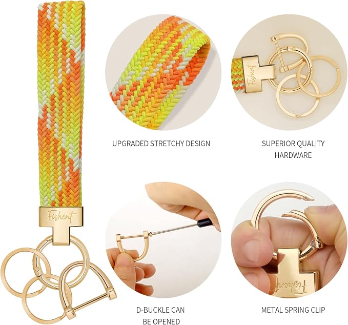 Fishent Stretchy Wristlet Keychain, Cute Key Chain, Woven Wrist Lanyard for Car Keys with 3 Keyrings and D-ring for Women Men