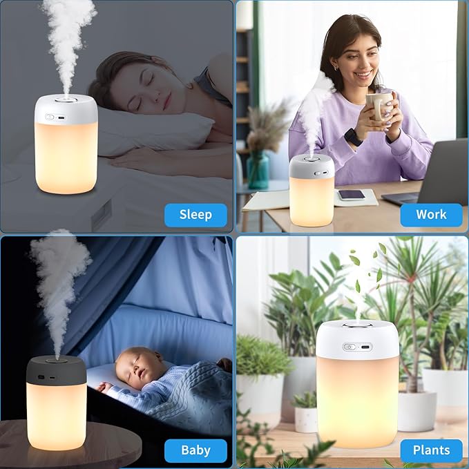 SZO Night Lights Humidifiers For Bedroom, USB Rechargeable, LED Lights For Bedroom,4 Mode Portable Humidifier Fit For Various Scenarios,<28dB, Auto Shut-off, Ideal For Home Travel Plants(White）