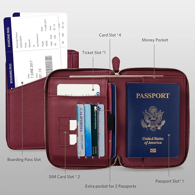 CoBak Passport Holder Cover with Safe Zipper Closure, Premium Passport Wallet for Travel, RFID Blocking Card Case, Waterproof Travel Accessories for Women, Pebbled Wine