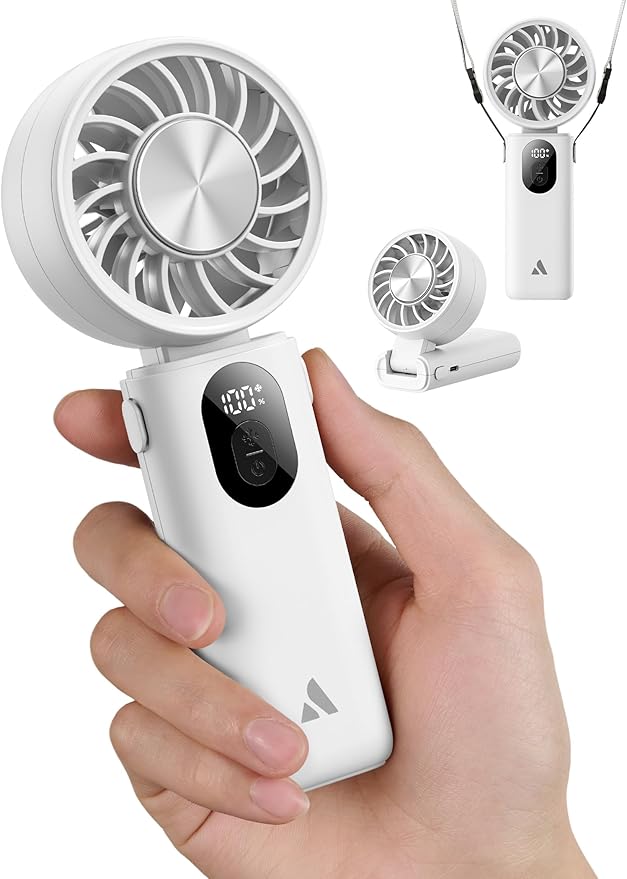 Aecooly Mighty Portable Handheld Fan with Cooling Plate | 20H Max Cooling Time | 3 Flexible Modes | 5 Speeds Wind | Battery Level Display | Mini Personal Battery Powered, Gifts for Women, Travel-White