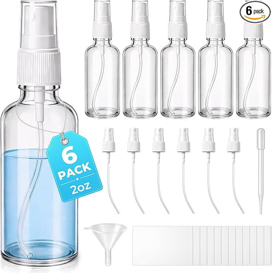JTIEO 6 Pack 2oz(50ml) Small Glass Spray Bottle, Mini Travel Size, Clear Fine Mist Refillable Bottle for Essential Oils, Perfume, Face, with Funnel, Pipette, 6 Spray Heads and 12 Waterproof Labels.