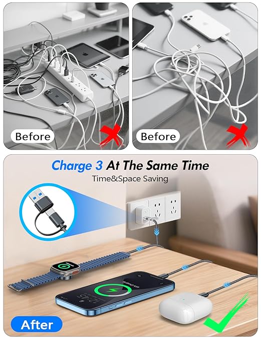Travel Essentials for Apple Watch Charger,iPhone Charger,3 in 2 Type C/Lightning/Magnetic Travel Charging Cable,Portable Multi Charging Cable for Apple Watch, iPhone 17‑11,Samsung S26,Car,iPad-4FT