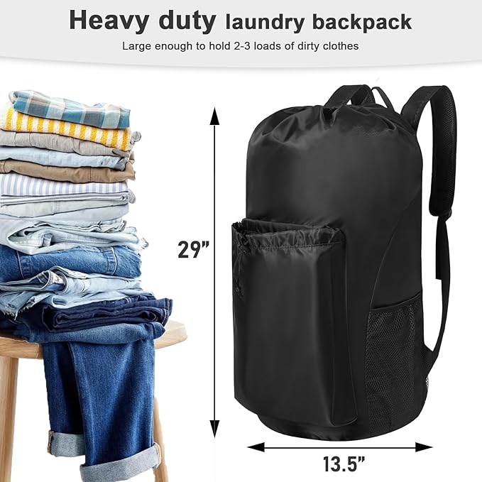 Polecasa Extra Heavy-Duty Backpack Laundry Bag 13.5x29- Large Drawstring bag with Comfortable Padded Shoulder Straps & 4 Pockets & ID Tag for Dorm, College, Travel, Black