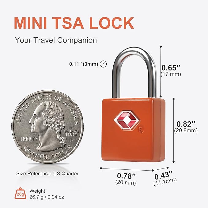Luggage Locks TSA Approved 4 Pack, Small Lock with Key for Suitcase, Backpack, Bag Zipper, Travel Case, TSA Approved Small Padlock for Luggage, Travel Accessories, Mini Locker, Tool Box