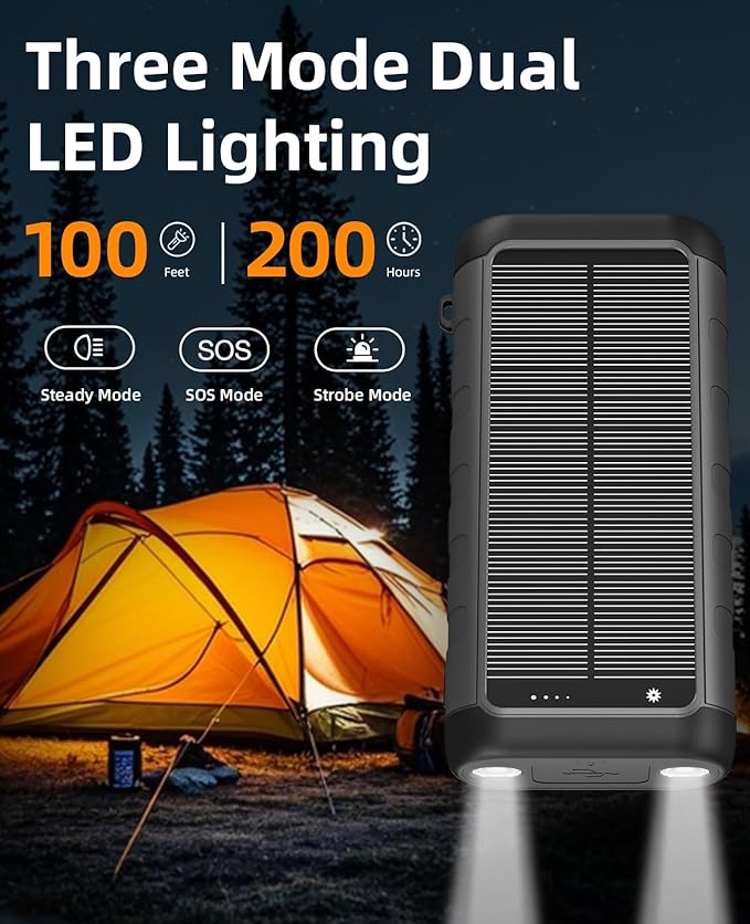 Solar Charger Power Bank 59800mAh, 15W Wireless Charging Compatible with iPhone Samsung Apple Watch, Outdoor Battery Pack, 3 Built in Cables & Hand Crank, Dual LED Flashlight for Camping Hiking Travel