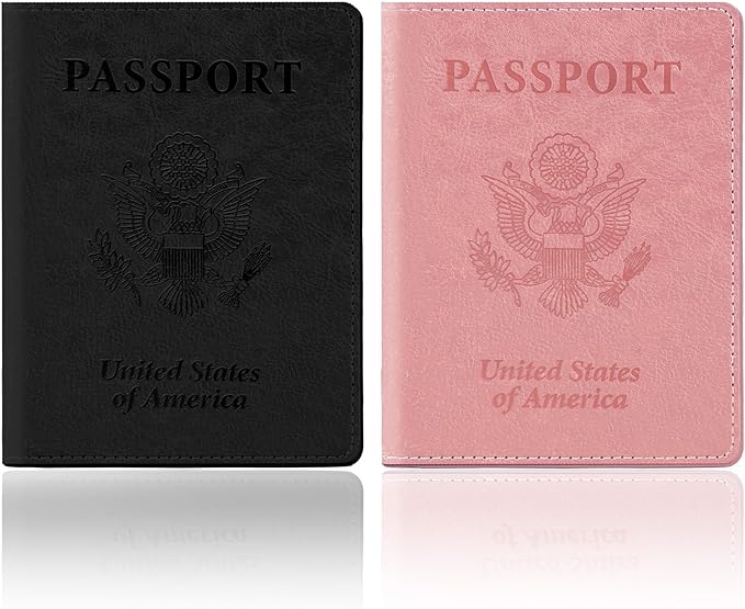 Black and Pink Passport Holder for Travel, 2 PCS Passport Holder, Travel Passport Holders Must Haves for Women Men, Passport Cover Passport Wallet Case Holders for Travels Cruise Ship Essentials Gifts