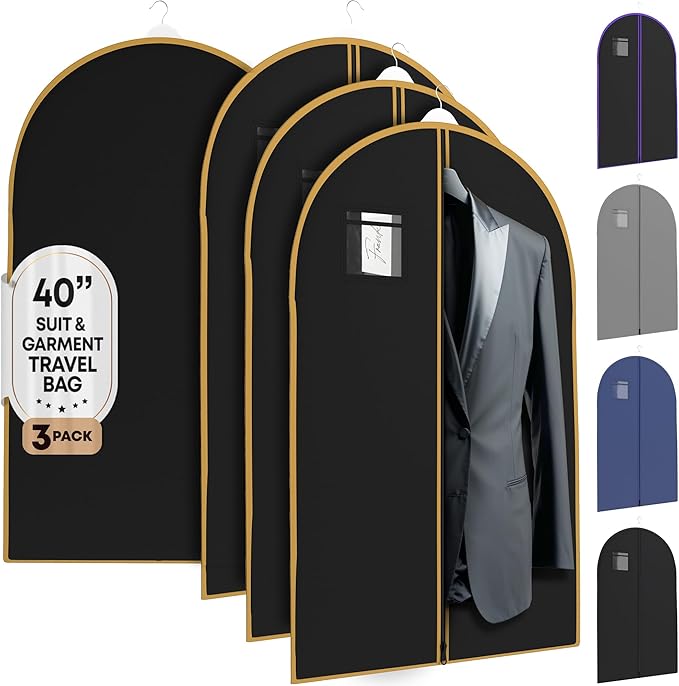 Your Bags Travel Garment Bag – Zippered Single Suit Bag – Water-Resistant Clothes Cover - Hanging Garment Bags for Travel with ID Pocket – 40" x 24" - Black With Gold Trim (Pack of 3)