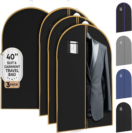 Your Bags Travel Garment Bag – Zippered Single Suit Bag – Water-Resistant Clothes Cover - Hanging Garment Bags for Travel with ID Pocket – 40" x 24" - Black With Gold Trim (Pack of 3)