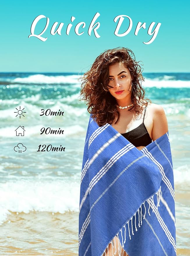 cabanana Turkish Beach Towel Oversized - 40"x70" Quick Dry Sand Free Thin Beach Towels for Adults,Extra Large Cotton Lightweigh Travel Towel for Beach Accessories (New Denim Blue)