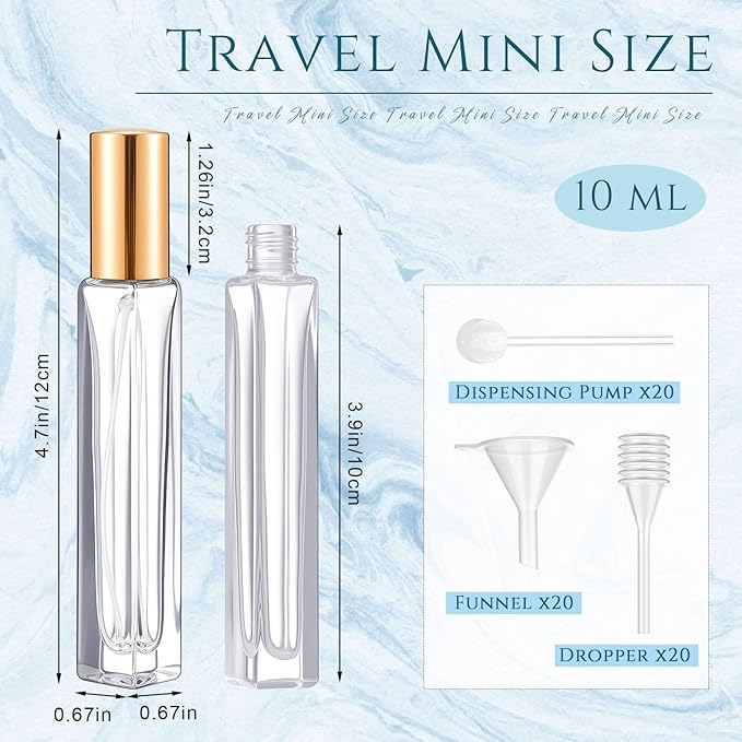 Domensi 20 Pcs 10/15/20/30 ml Perfume Travel Refillable Glass Bottles Spray Bottle Perfume Atomizer for Cologne Dispenser Leak-proof Fragrance Bottles Atomizer Pump Kit (10 ml,Gold)