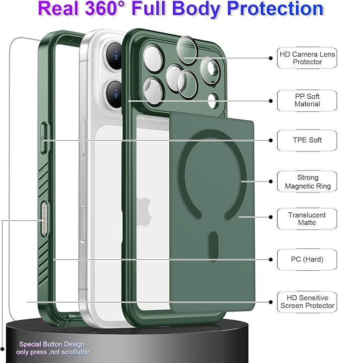 Magnetic Compatible with iPhone 17 Pro Max Case,Waterproof Built-in Screen & Camera Protector IP68 Underwater Full Body Military Dropproof Translucent Matte Phone Case 6.9"-Mag/Green