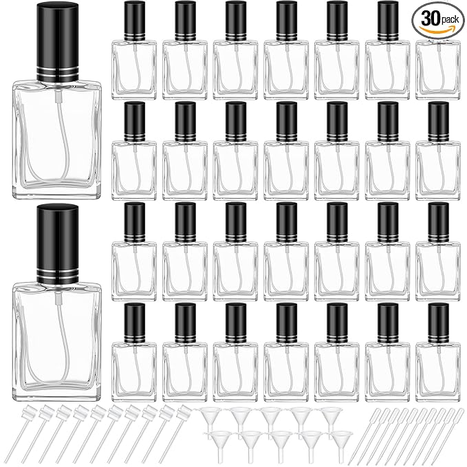 Domensi 30 Pcs 10/15/30/50 ml Glass Perfume Bottles Mini Glass Empty Spray Atomizer Bottles Bulk Refillable Perfume Dispenser Container with Pump Tool for Travel Skin Care (30 ml,Black)