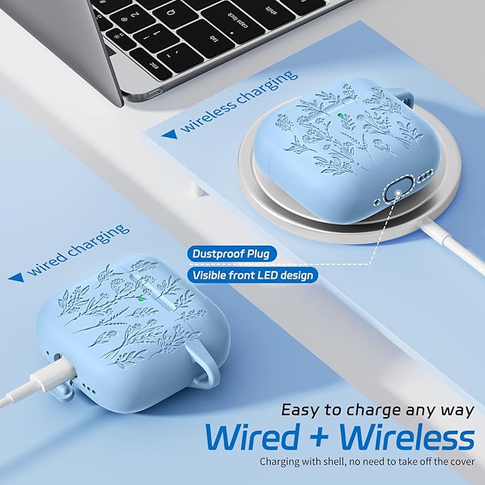 for Airpods 4 Case, Ekoonpft Flower Engraved Cases for Apple AirPods 4th Generation 2024, Soft Silicone Cover for Women Girly with 3-in-1 Cleaner Kit, Keychain, Military Grade Protection