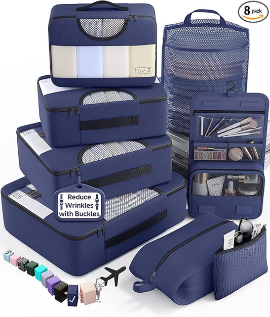 Veken 8 Set Packing Cubes for Travel Essentials,Anti-Wrinkle Buckled Suitcase Organizer for Shoe & Toiletry Bag,Carry On Luggage Bag for Airplane & College Dorm Room Accessories,Women Men Gifts
