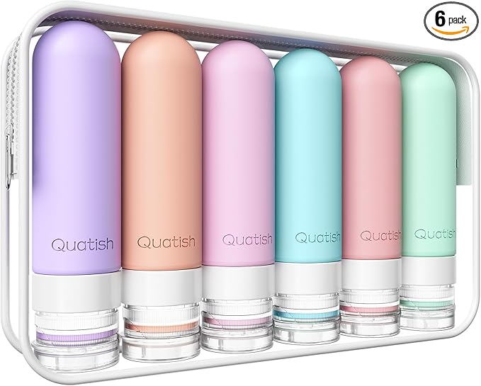 Quatish Travel Bottle for Toiletries 6 Pack, Original Patented Leakproof 3oz Tsa Approved Travel Size Container, BPA Free Silicone Shampoo and Conditioner Bottle, Cruise Camping Essentials, Periwinkle