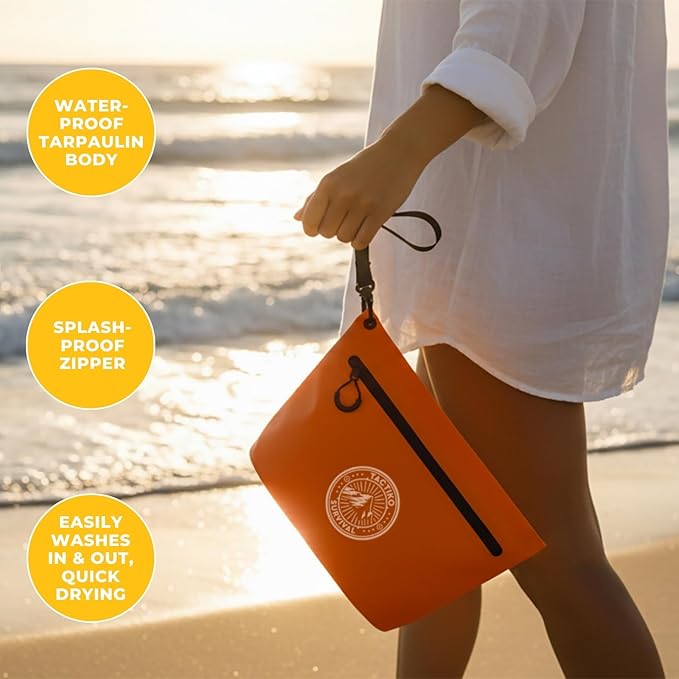Tactiko 3L Water Resistant Pouch - Waterproof Material with Splashproof Zipper - Cosmetic Case for Storage, Toiletries, Travel, Beach, Cruise, Home (Orange)