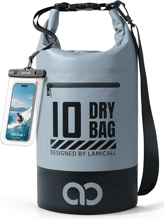 Lamicall Waterproof Dry Bag with Phone Pouch, Floating Roll Top Backpack, 10L, Grey