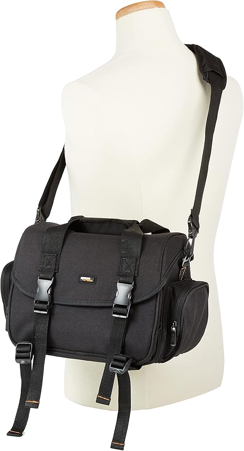 Amazon Basics Large DSLR Gadget Bag with Multiple Compartments, Pockets, Shoulder Strap, Black with Orange Interior