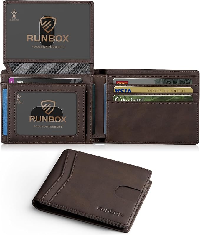 RUNBOX Wallet for Men -Slim Rfid Leather Mens Bifold Novelty Wallets 2 ID Window With Gift Box Men's Accessories | Slim