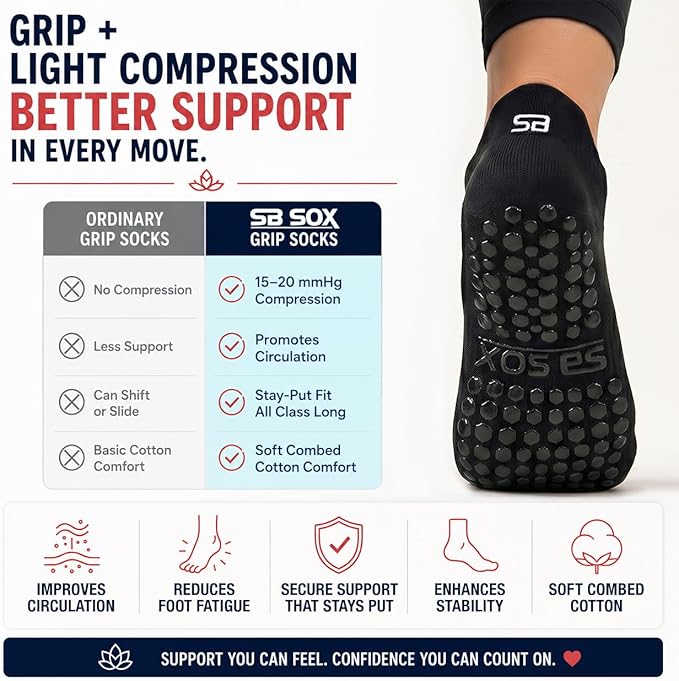SB SOX Pilates Socks for Women (2 Pairs) - Non Slip Grip Socks for Yoga, Barre, Hospital - With Lite Compression