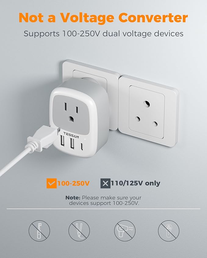 US to India Plug Adapter 3 Pack, TESSAN Type D Travel Adapter with 3 USB Ports (1 USB C), Power Adaptor for US to India Nepal Maldives Pakistan Bangladesh Sri Lanka Bhutan Yemen