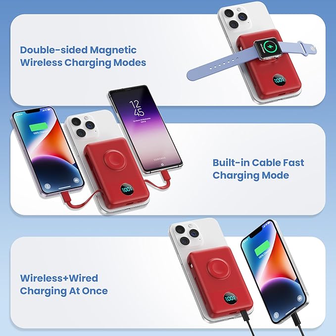 Ekrist Magnetic Portable Charger for MagSafe with Built-in Cable,iWatch Charger,Wireless Power Bank Travel Essentials,25W Fast Charging Battery Pack for iPhone 17/16/15,Apple Watch(Red,10800mAh)