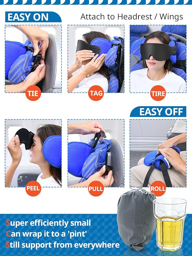SARISUN Travel Pillows for Airplanes, Airplane Pillow for Long Flight, Airplane Head Strap with Sleep Eye Mask, 360° Support Headrest for Car Trip, Travel Essentials Stop Bobblehead, Mottled Blue