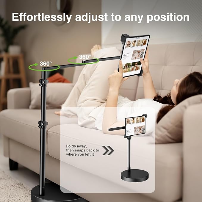 elitehood Diagonal Design iPad Floor Stand with Heavy Duty Base, 24in Horizontal Long Arm Tablet Floor Stand Holder for Bed Recliner Sofa, Compatible with iPad mini Air Pro 13/12.9 and 9-13in Devices