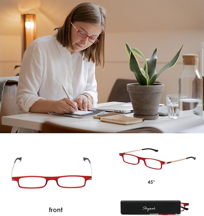SKYOAK Ultra thin Lightweight Folding Reading Glasses Women Men TR90 Blue Light Blocking Anti UV/Eyestrain Foldable Compact Computer Readers Portable Unique Stretchable Slim Flat case Red, +1.75