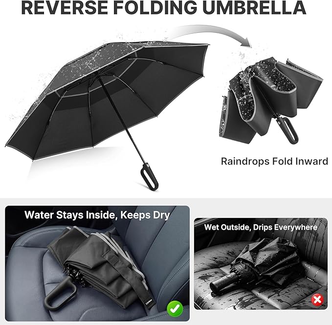 G4Free 46inch Ring Buckle Umbrella, Inverted Design with Carabiner Handle, Compact Travel Umbrella with Reflective Strip, Automatic Windproof for Rain