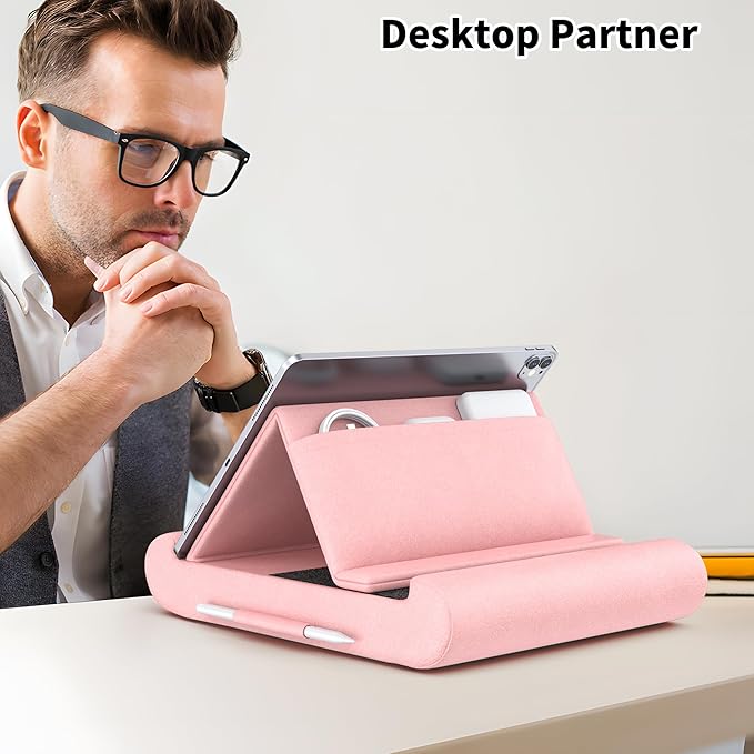 CreaDream Tablet Pillow Stand, Foldable Tablet Holder for Lap, Bed and Desk, Soft Pillow Pad with Pocket and Stylus Mount, for 4-13" Tablets, Like iPad Pro 11, 13, Air, Mini, Kindle, Galaxy Tab, Pink