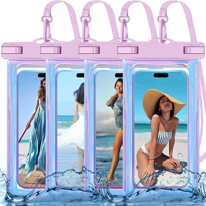 Famoby 4 Pack Iridescence Waterproof Phone Pouch, Cell Phone Waterproof Case Dry Bag,Protection Level: IP68,Beach Cruise for iPhone,Samsung,and More,Lanyard Included,(Fits Up to 8.3"),Iridescence