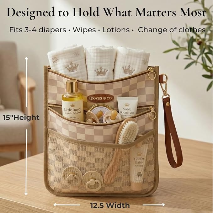 DOKUS & CO Premium Wet Dry Diaper Clutch – Structured Waterproof Baby Organizer with Wrist Strap + Matching Washable Wet Bag