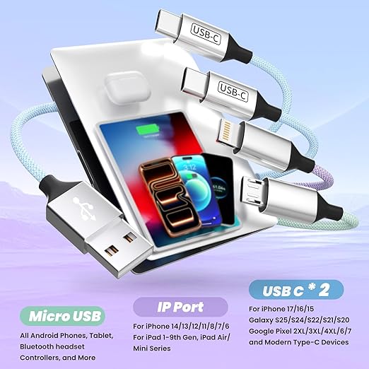 Dual Type C Ports Multi Charging Cable, 4 In 1 USB Cable Travel Charger for Multiple Devices with Two Type-C/Micro/IP Port, [2Pack/5FT] Phone Travel Vacation Essentials for All iPhone/Galaxy/Android