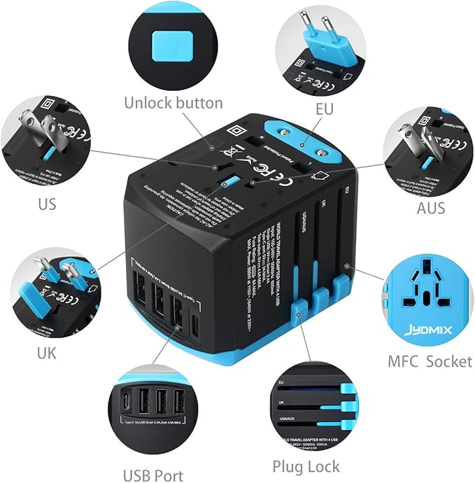 All in One Universal USB Travel Power Adapter with 3 USB Port and Type-C International Wall Charger Worldwide AC Power Plug 8 Pin AC Socket for Multi-Nation Travel UK, EU, AU, Asia
