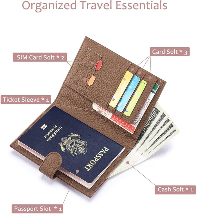 Leather RFID Passport Holder for Travel – Slim Passport Wallet for Men & Women with Card Slots, Boarding Pass Organizer, Zipper Pocket & Cash Holder (Dove Gray)