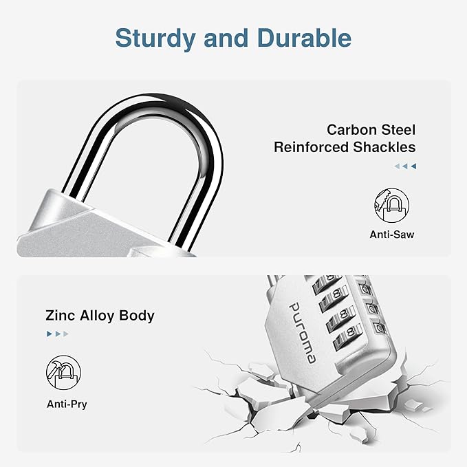 Puroma 4 Pack Combination Lock for Locker 4 Digit Outdoor Waterproof Padlock for School, Gym, Sports, Fence, Toolbox, Gate, Case, Outdoor, Hasp Storage, Cabinets (Silver & Black)