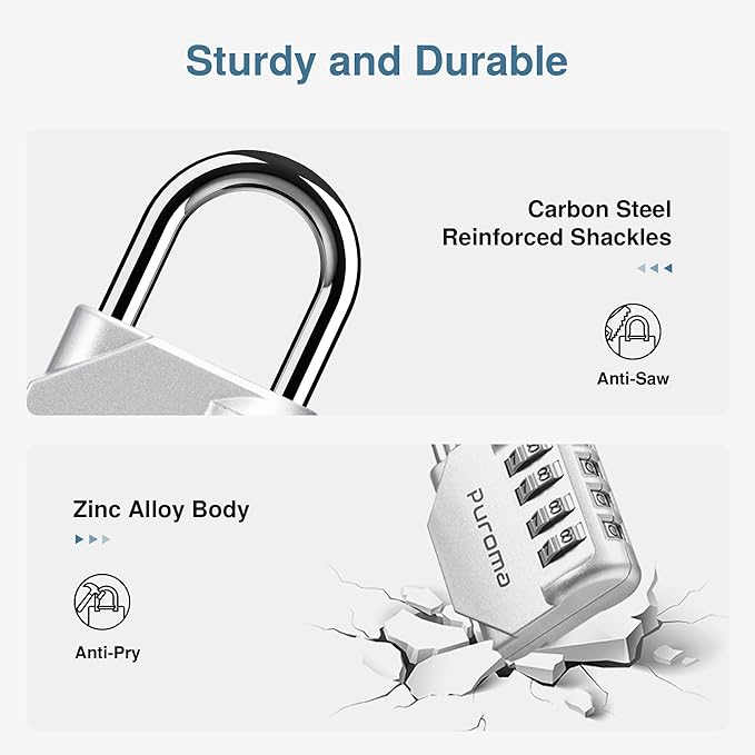 Puroma 2 Pack Combination Lock for Locker 4 Digit Outdoor Waterproof Padlock for School, Gym, Sports, Fence, Toolbox, Gate, Case, Outdoor, Hasp Storage, Cabinets (Silver)