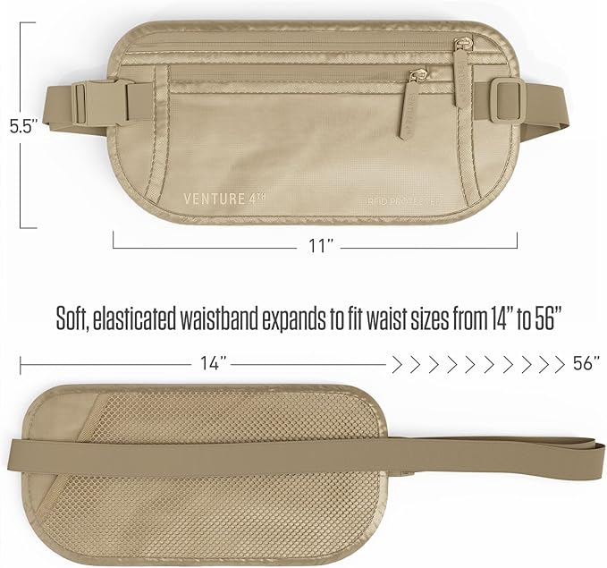 VENTURE 4TH Money Belt for Travel – Slim Hidden Under-Clothes RFID Blocking Anti-Theft Passport Holder & Travel Wallet Pouch for Men & Women to Protect Cash, Cards & Documents (Sleek Beige)