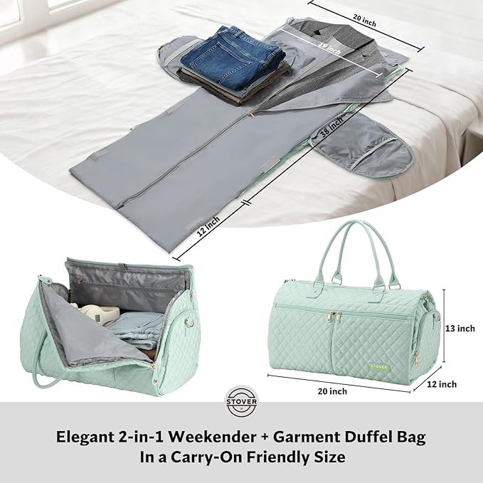 STOVER Women’s Convertible Garment Duffel Bag for Travel – 2-in-1 Carry-On Weekender/Overnight Tote - Wrinkle-Free Dresses, Suits & Clothes + Shoe Compartment & Bonus Toiletry Bag (Coastal Mint)
