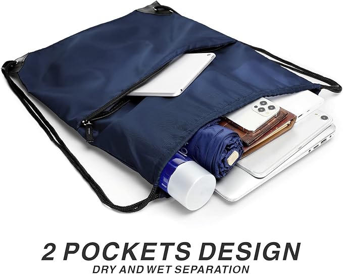 Drawstring Backpack Sports Water Resistant String Bag Sport Gym Sackpack for Women Men Large with Zipper, Navy