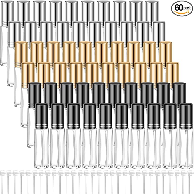 Domensi 60 Pcs 10/15/20/30 ml Perfume Travel Refillable Glass Bottles Spray Bottle Perfume Atomizer for Cologne Dispenser Leak-proof Fragrance Bottles Atomizer Pump Kit (20 ml,Gold,Silver,Black)