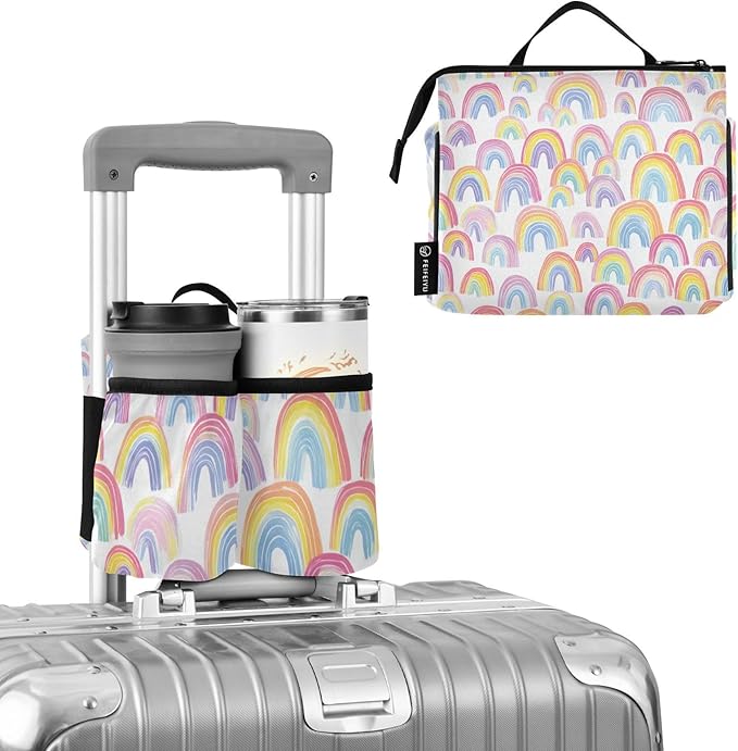 Luggage Cup Holder for Suitcases Free Hands Suitcase Cup Holder Travel Luggage Drink Holder Portable Luggage Cup Caddy Bag Carrier with Handle Gradient Cute Rainbows