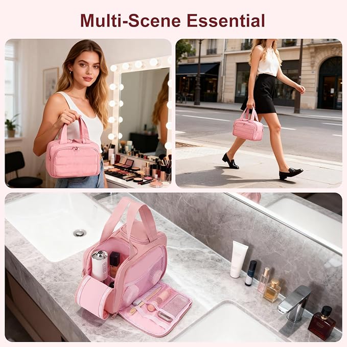 Travel Makeup Bag, Portable Travel Bag with Hanging Hook for Women, Waterproof and Hanging Toiletry Bags Travel Organizer Accessories for Travel Essentials,Dark Pink