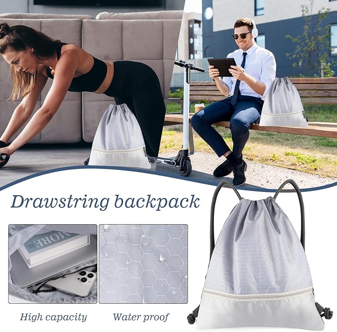 Drawstring Backpack Bag, Waterproof Draw String Back Sack with Zip Pocket, Gym Drawstring Bags Swim Bag for Men Women