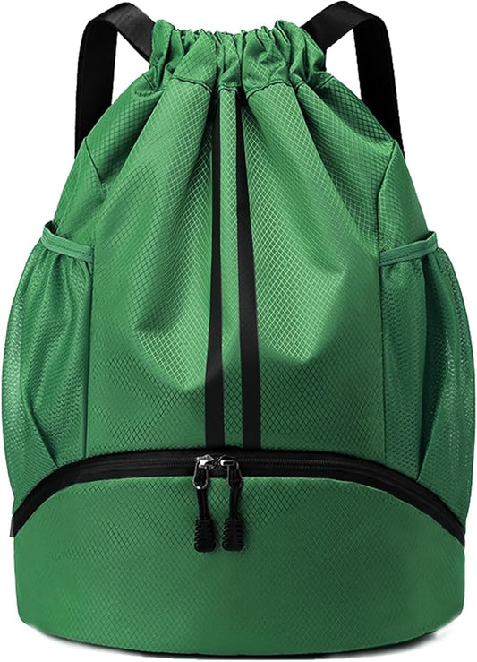 JELUTAR Drawstring Backpack Gym Bag with Shoes Compartment for Soccer, Basketball, Swim, Water-Resistant String Backpack Beach Cinch for Women Men, Dark Green
