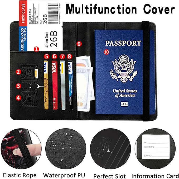 Passport Wallet, Passport Holder with RFID Blocking and Luggage Tag, Waterproof PU Leather Travel Documents Organizer Case, Passport Covers with Card Slot for Women & Men, Blood Rose Passport Book