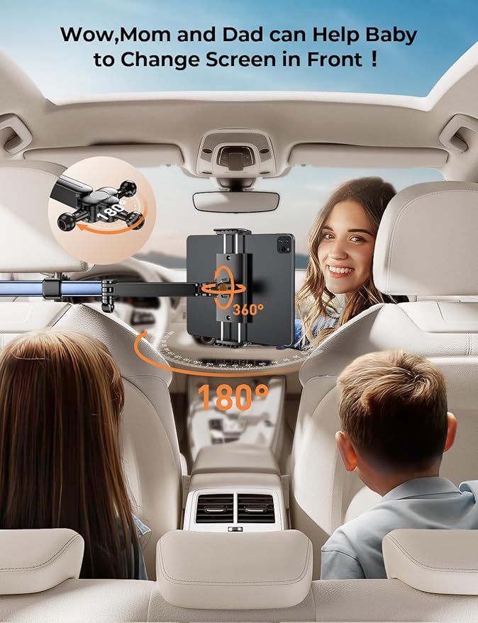 Tryone Headrest Tablet Holder for Car Accessories : [18.11-inch Long Arm] 3-in-1 Backseat Tablet Holder for Kids Road Trip Compatible with iPad Switch Smartphones & Tablets or Other 4.7-13" Devices