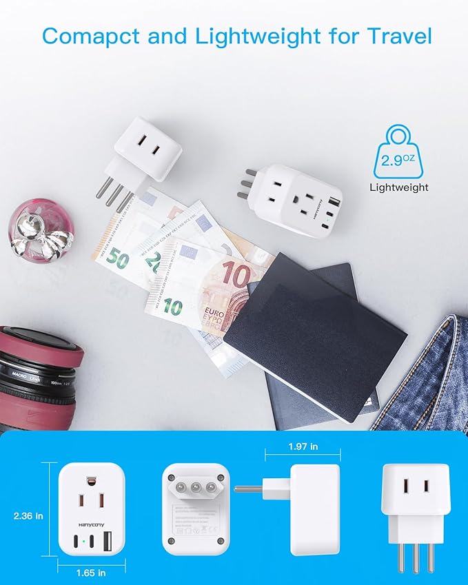 Italy Travel Plug Adapter, HANYCONY Type L Power Plug Adapter with 2 Outlets 3 USB Ports(2 USB C) for US USA to Italy Rome Uruguay Chile Travel Essentials