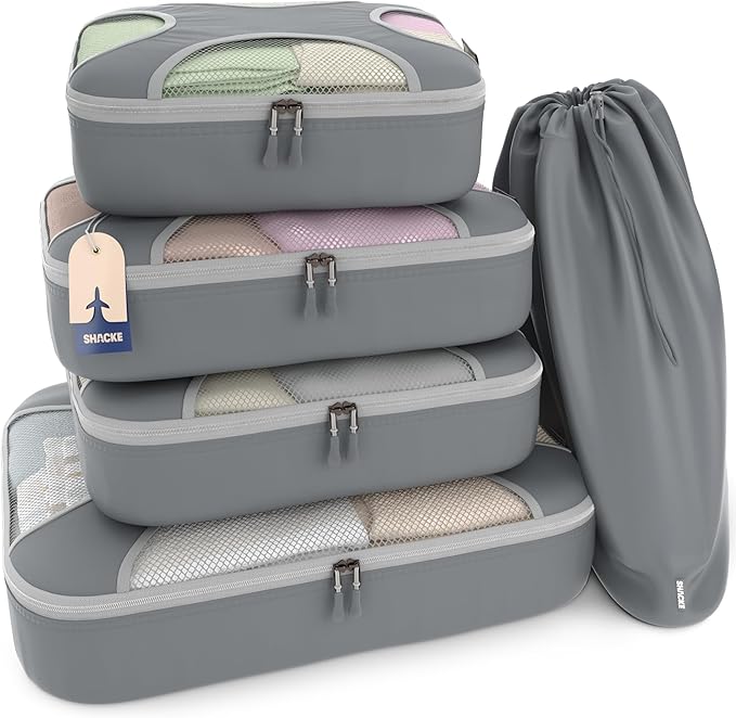Shacke 5 Set Packing Cubes for Travel – Luggage Organizer & Suitcase Bags with Laundry Bag, Carry On Packing Organizer, Travel Accessories for Women Men (Charcoal Gray)